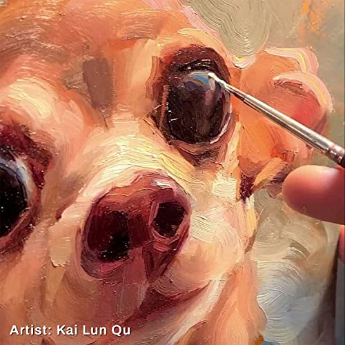 Fine brush adds detail near the eye of a cream-and-brown dog's painted face.