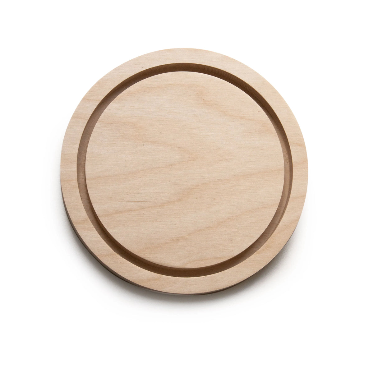 Round floater panel, natural wood front with a recessed circular border.