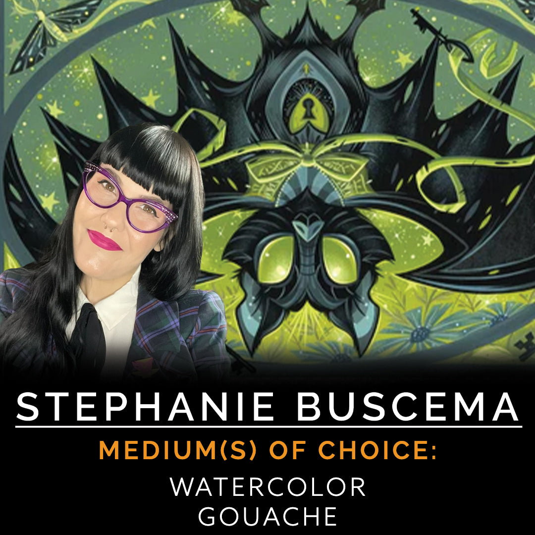 Stephanie Buscema portrait beside a green-and-black illustration; text lists watercolor and gouache as her media.