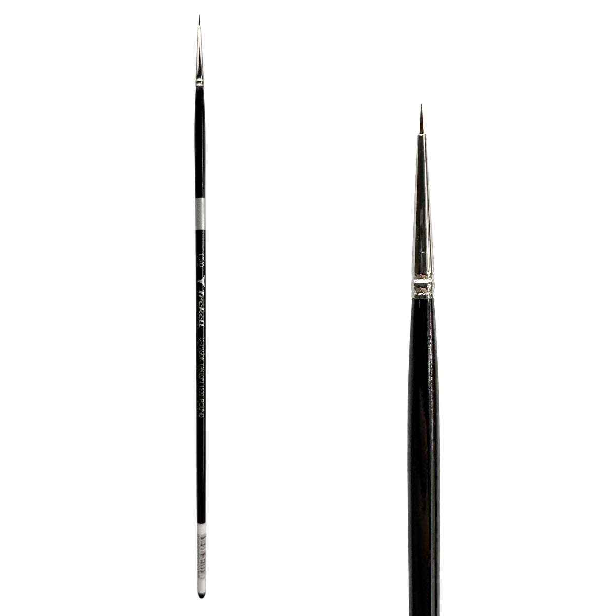 Trekell Crimson Taklon #10/0 Round Brush - Long Handle, with rounded, pointed bristles.