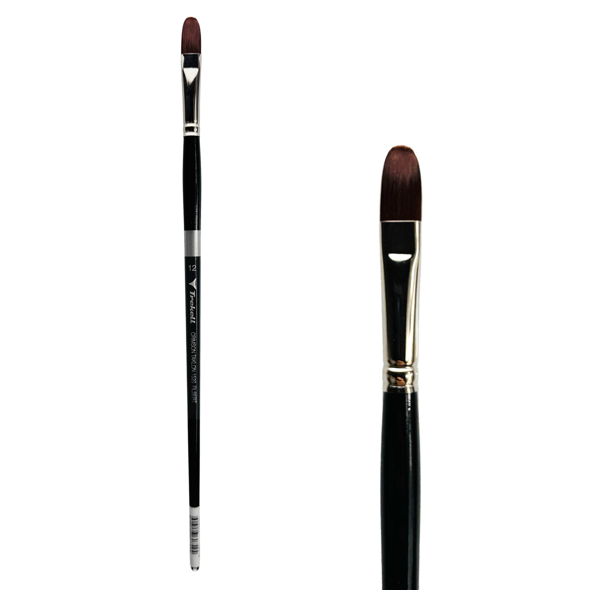 Trekell Crimson Taklon #12 Filbert Brush - Long Handle, with flattened bristles and a rounded tip.