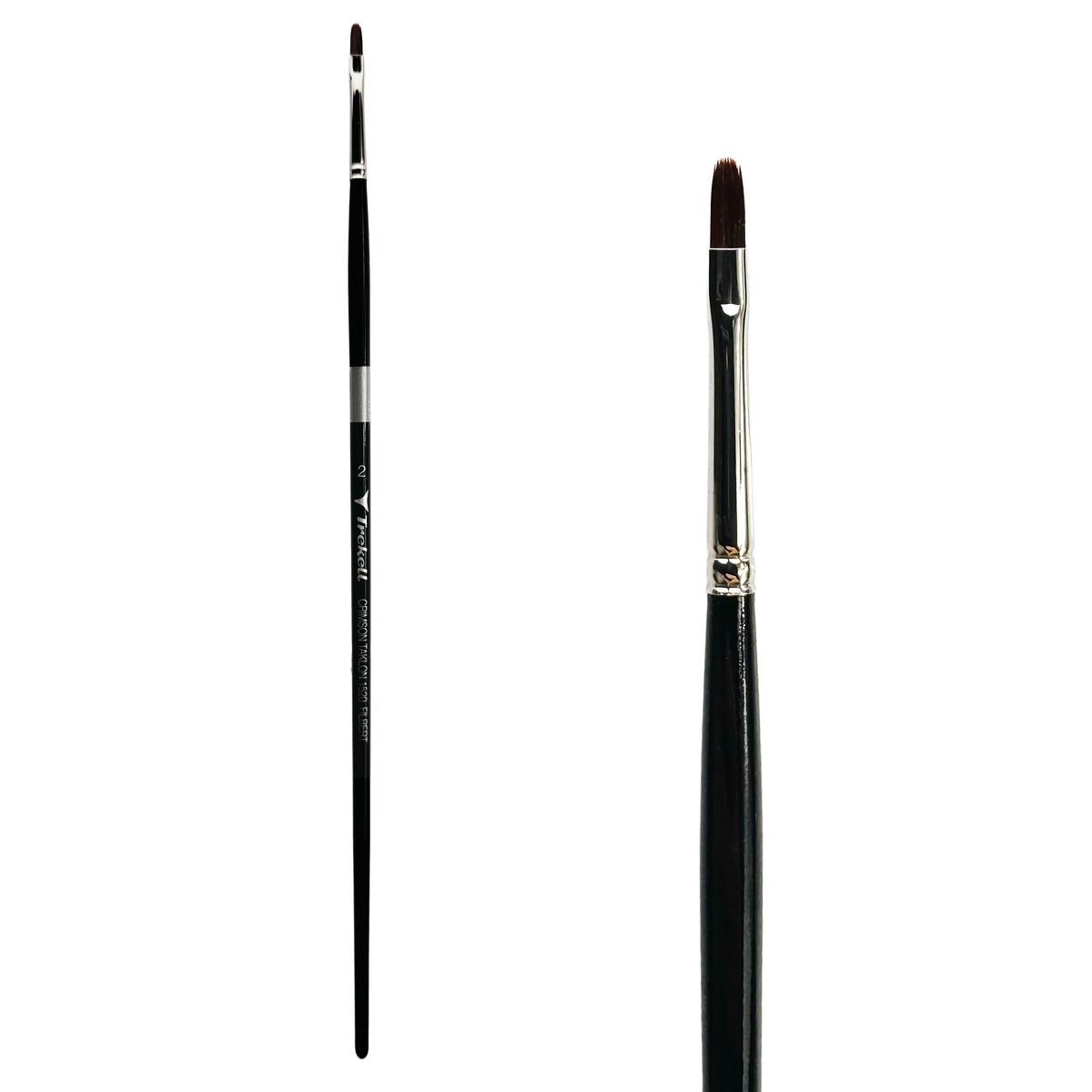 Trekell Crimson Taklon #2 Filbert Brush - Long Handle, with flattened bristles and a rounded tip.