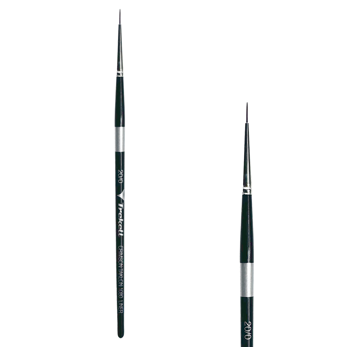 Trekell Crimson Taklon #20/0 Liner Brush - Short Handle, with long, narrow pointed bristles.