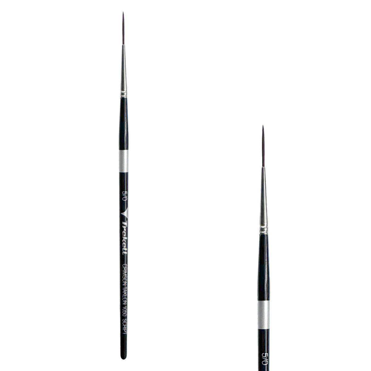 Trekell Crimson Taklon #5/0 Script/Rigger Brush - Short Handle, with long, fine pointed bristles.
