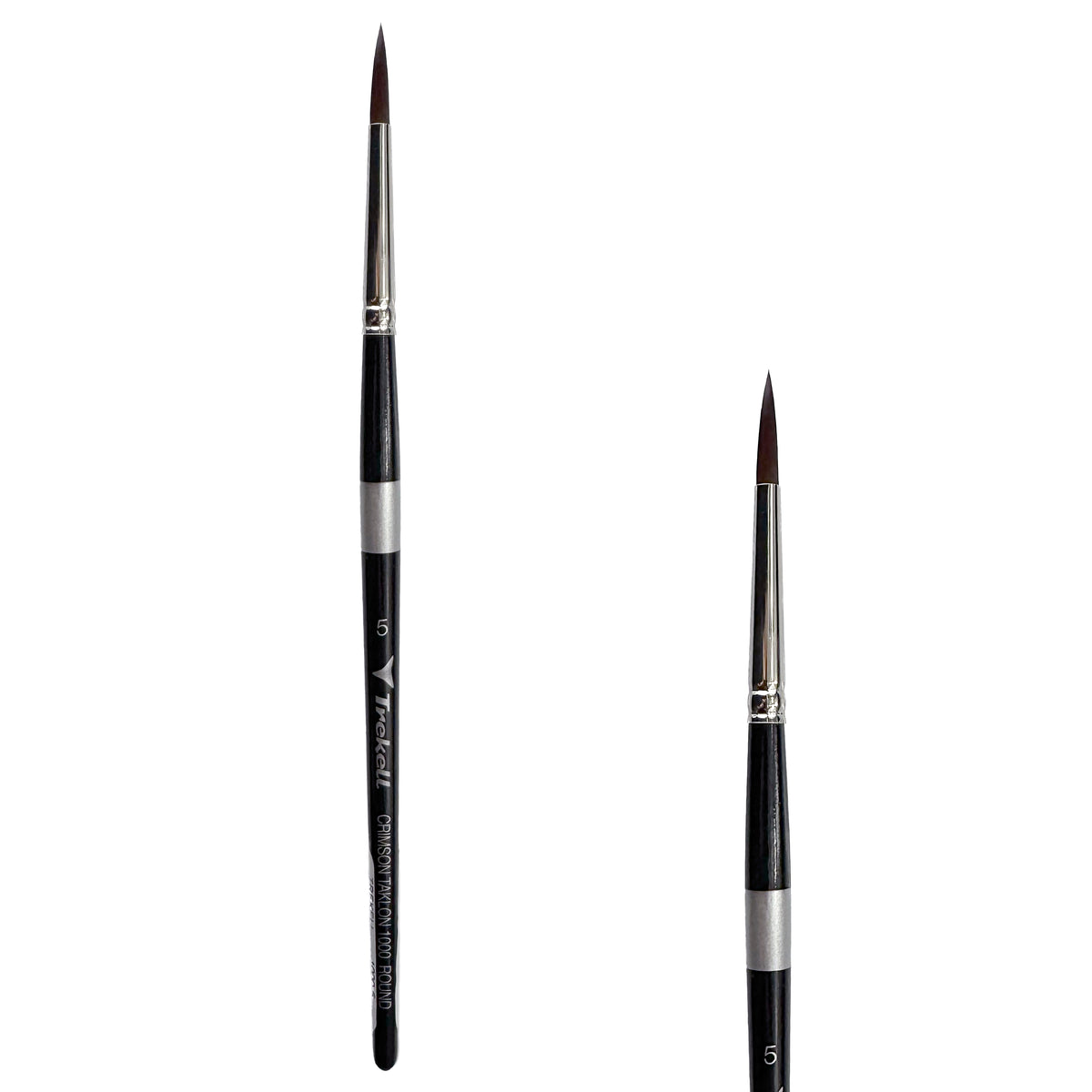 Trekell Crimson Taklon #5 Round Brush - Short Handle, with rounded, pointed bristles.