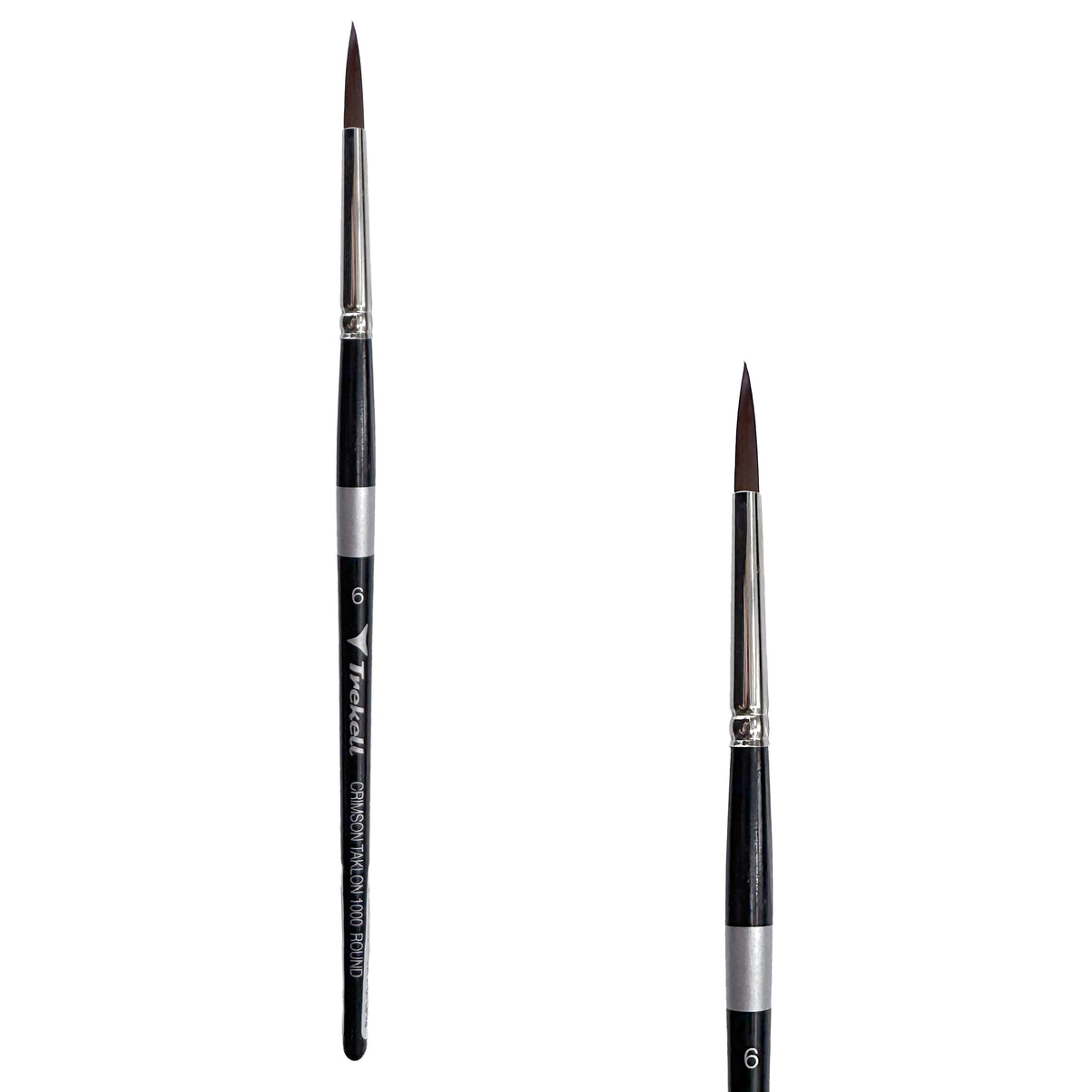 Trekell Crimson Taklon #6 Round Brush - Short Handle, with rounded, pointed bristles.