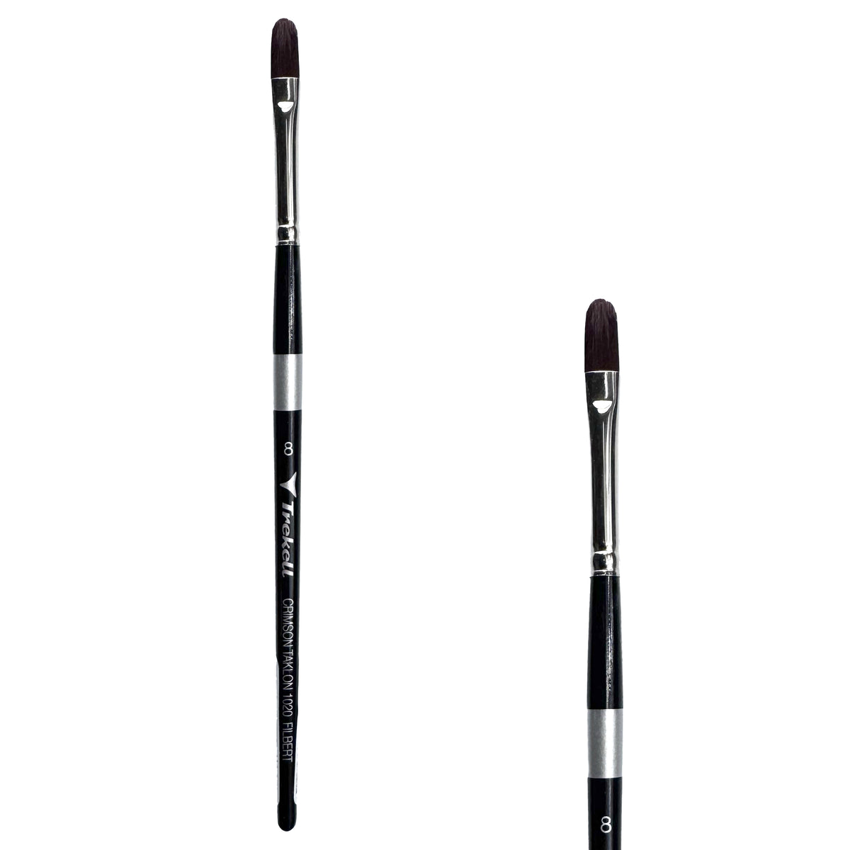 Trekell Crimson Taklon #8 Filbert Brush - Short Handle, with flattened bristles and a rounded tip.