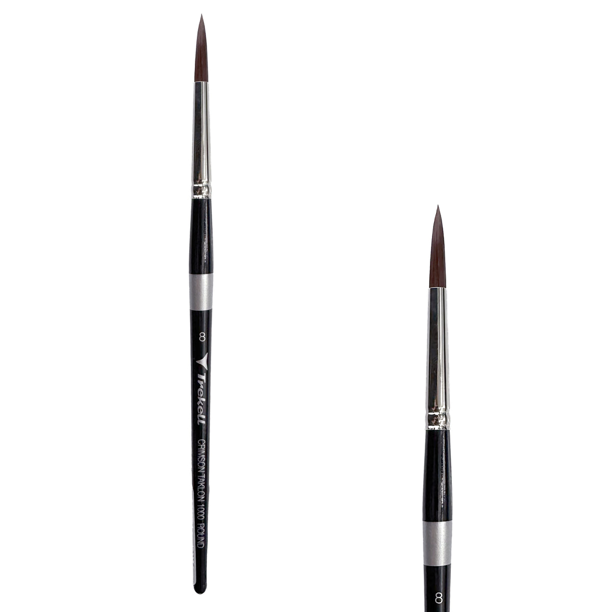 Trekell Crimson Taklon #8 Round Brush - Short Handle, with rounded, pointed bristles.