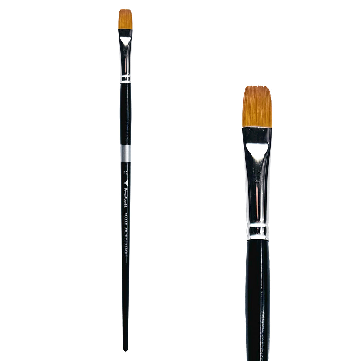 Trekell Golden Taklon #12 Bright Brush - Long Handle, with short, straight-edged flat bristles.