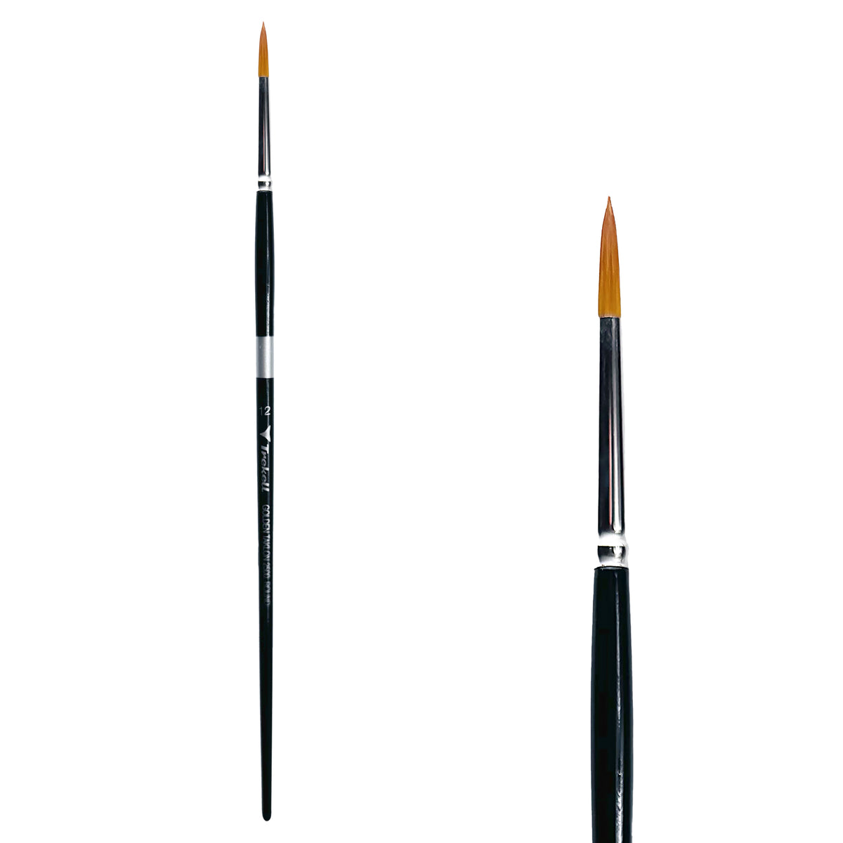 Trekell Golden Taklon #12 Round Brush - Long Handle, with rounded, pointed bristles.