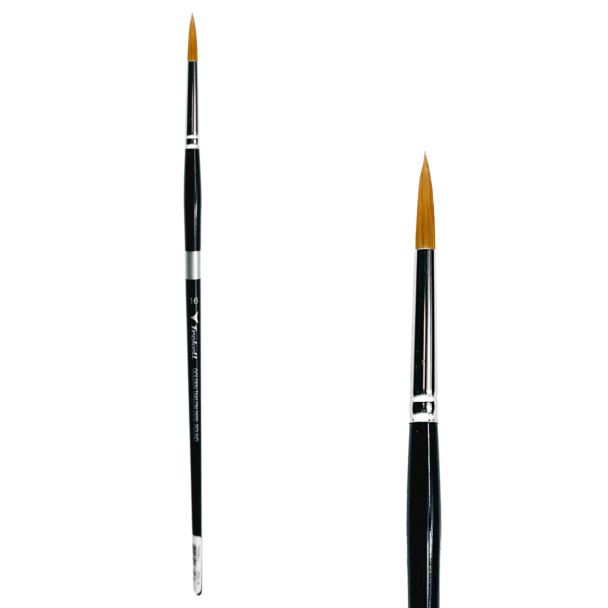Trekell Golden Taklon #16 Round Brush - Long Handle, with rounded, pointed bristles.