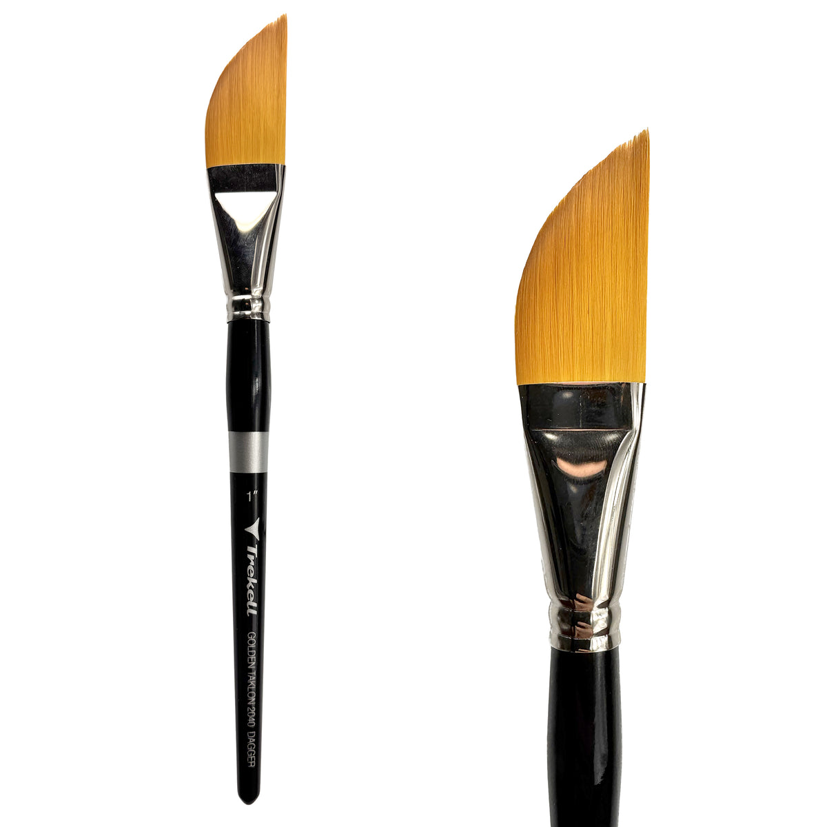 Trekell Golden Taklon 1" Dagger Brush - Short Handle, with a slanted, pointed brush tip.