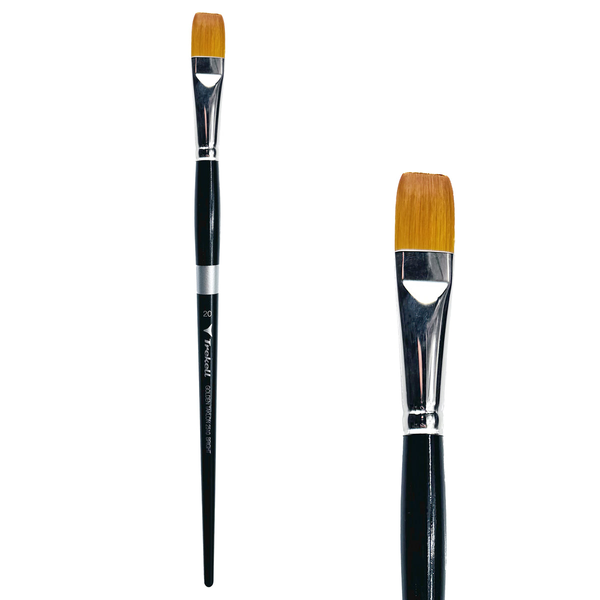 Trekell Golden Taklon #20 Bright Brush - Long Handle, with short, straight-edged flat bristles.