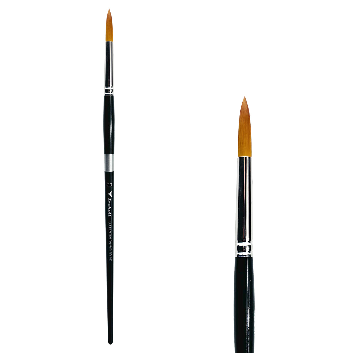 Trekell Golden Taklon #20 Round Brush - Long Handle, with rounded, pointed bristles.