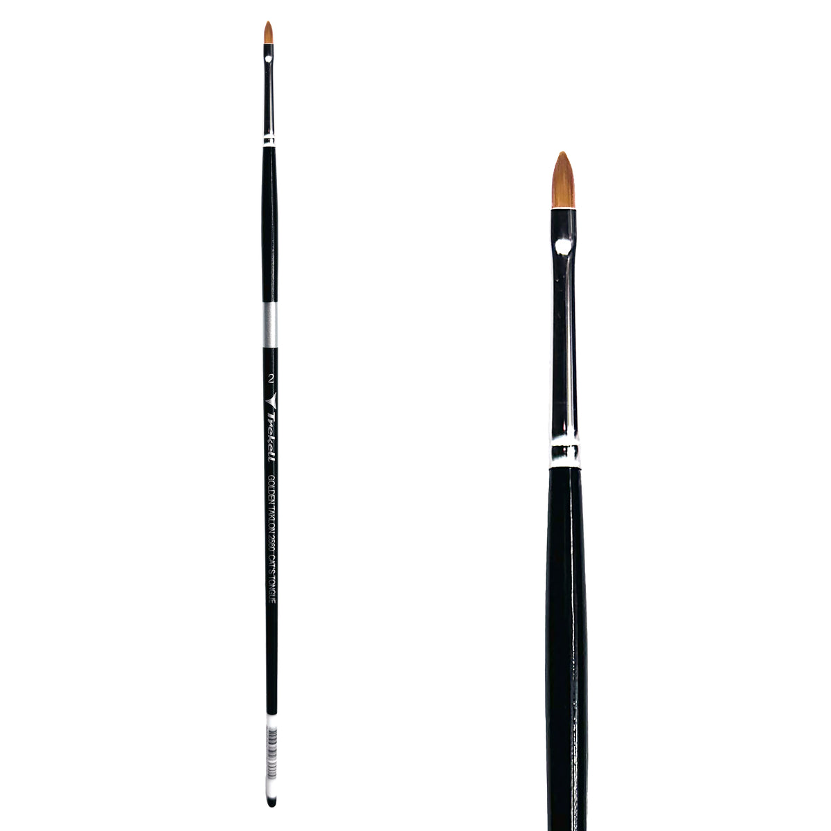 Trekell Golden Taklon #2 Cat's Tongue Brush - Long Handle, with a tapered, oval brush tip.