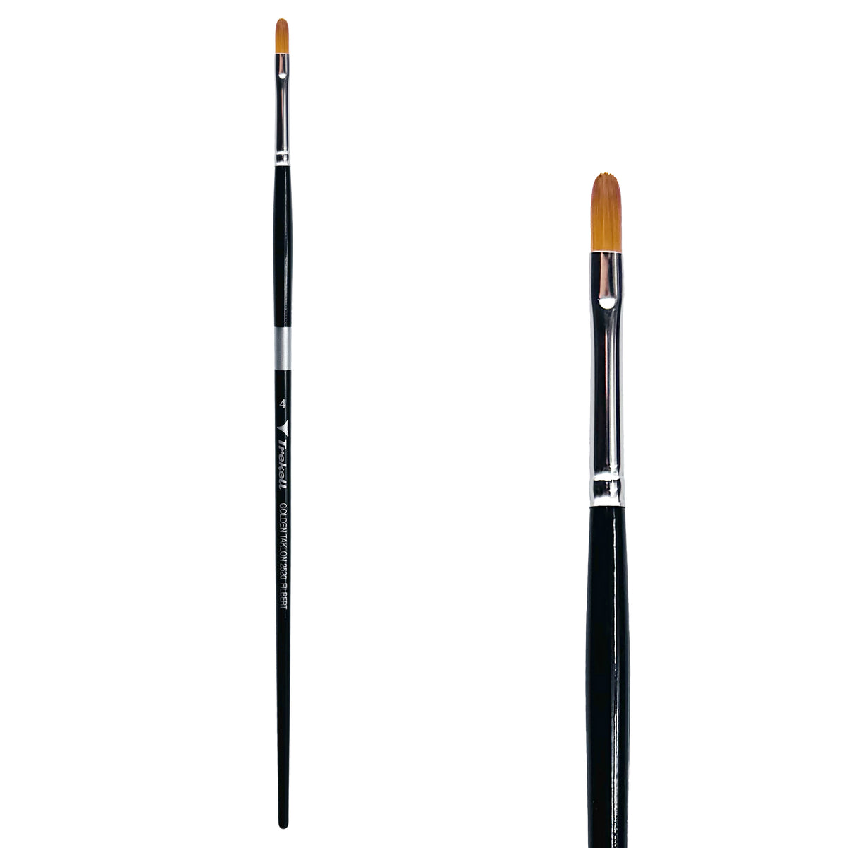 Trekell Golden Taklon #4 Filbert Brush - Long Handle, with flattened bristles and a rounded tip.