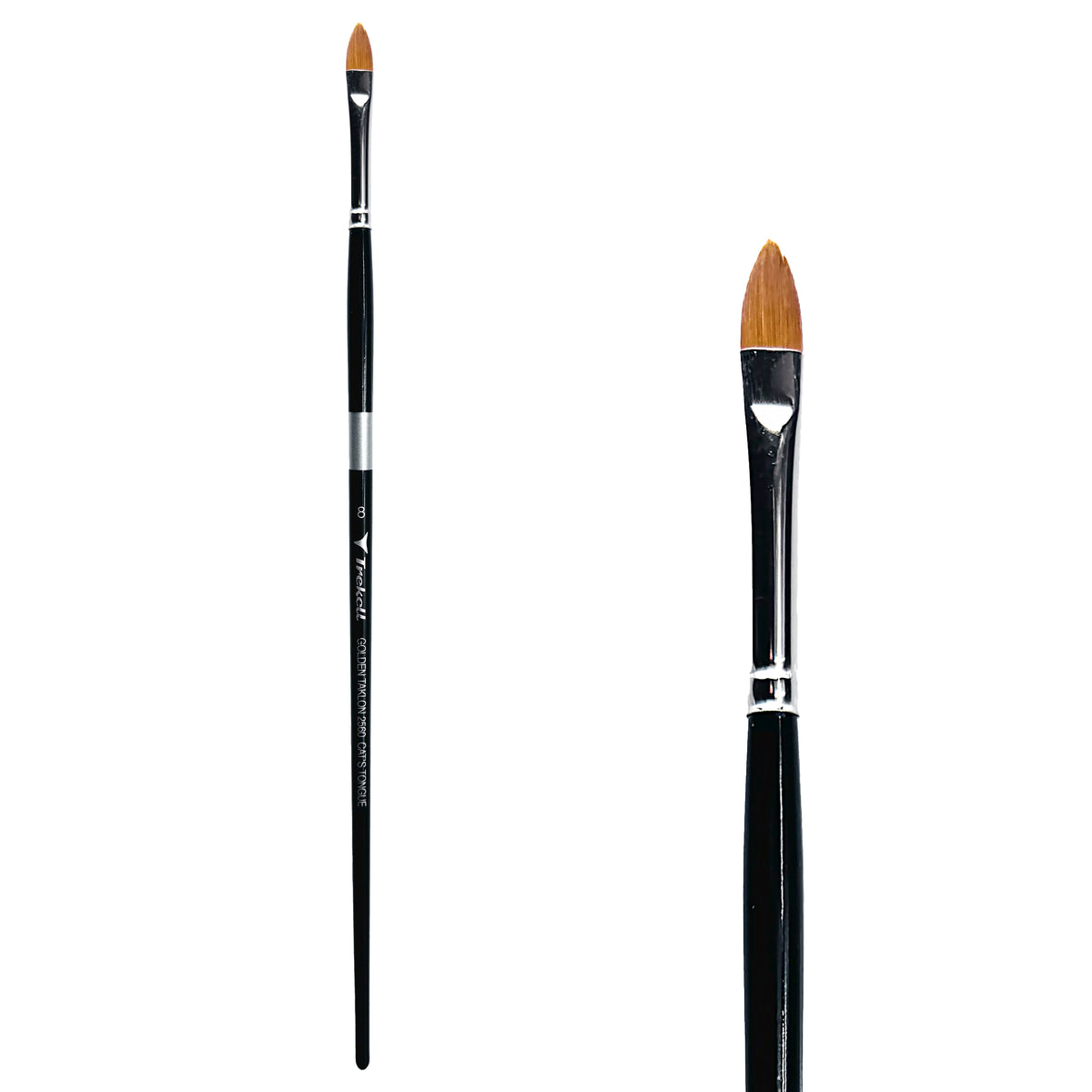 Trekell Golden Taklon #8 Cat's Tongue Brush - Long Handle, with a tapered, oval brush tip.