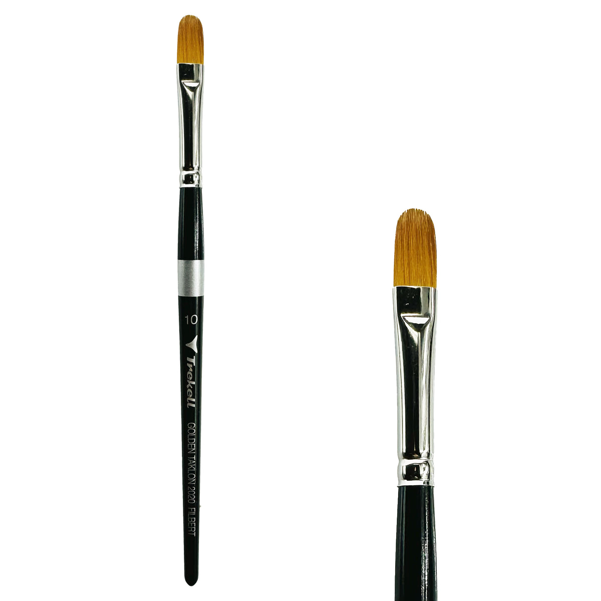 Trekell Golden Taklon #10 Filbert Brush - Short Handle, with flattened bristles and a rounded tip.
