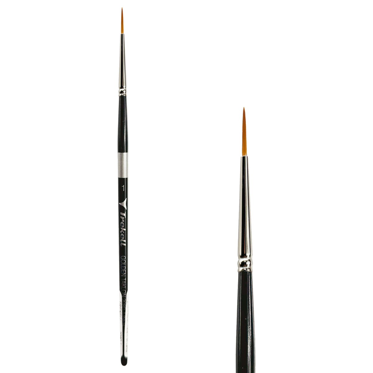 Trekell Golden Taklon #1 Liner Brush - Short Handle, with long, narrow pointed bristles.