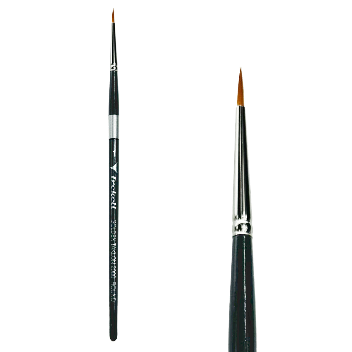 Trekell Golden Taklon #1 Round Brush - Short Handle, with rounded, pointed bristles.