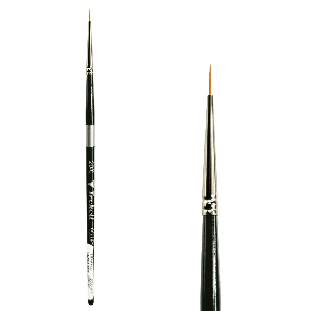 Trekell Golden Taklon #20/0 Liner Brush - Short Handle, with long, narrow pointed bristles.