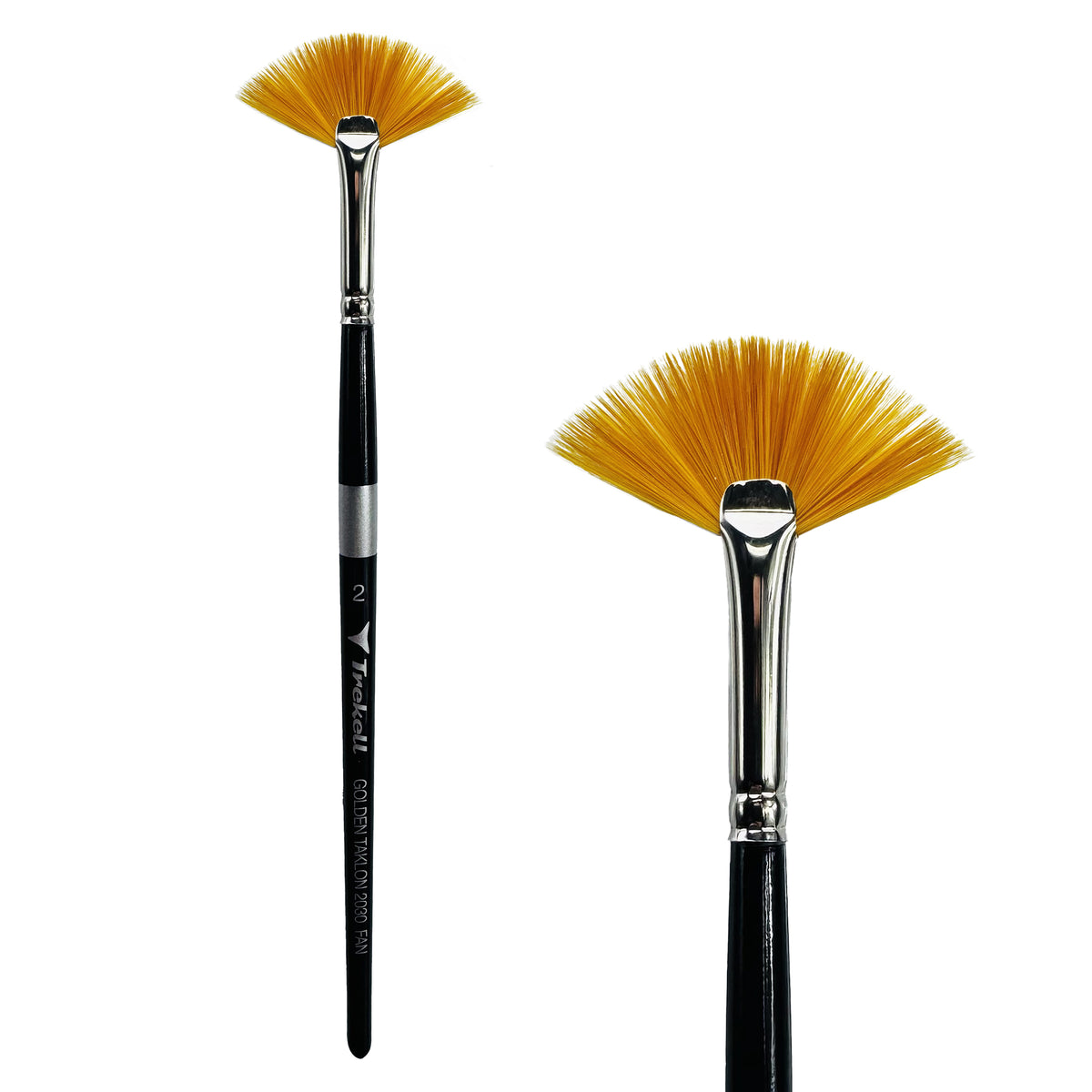 Trekell Golden Taklon #2 Fan Brush - Short Handle, with fan-shaped bristles.