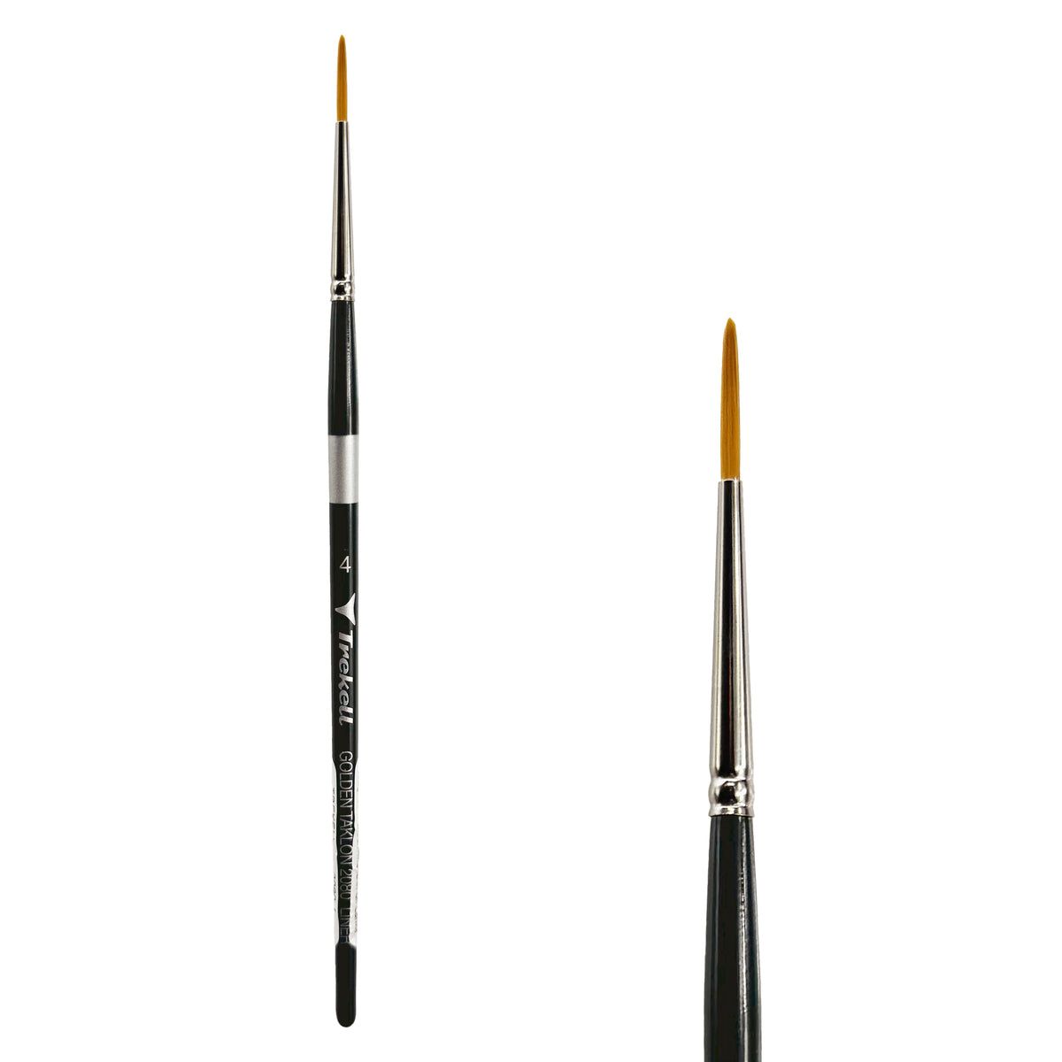 Trekell Golden Taklon #4 Liner Brush - Short Handle, with long, narrow pointed bristles.