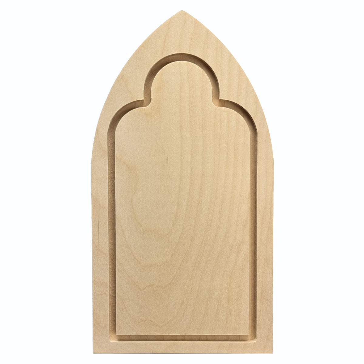 Trekell Gothic Arch Floater Panel, unpainted pointed-arch wooden painting surface.
