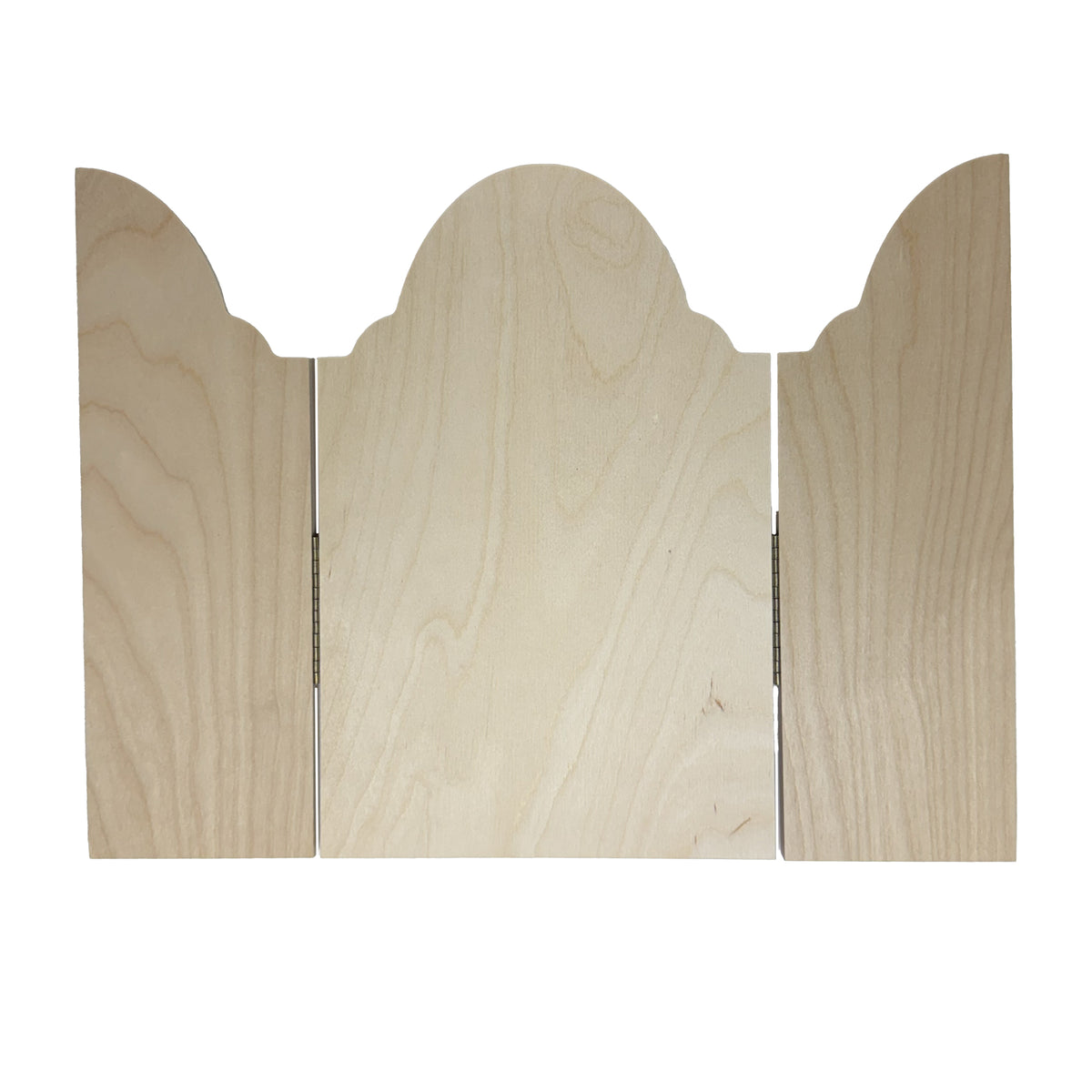 Trekell Cemetery Gate Altar Panel in pale wood, with both doors open beside a domed center with curved shoulders.