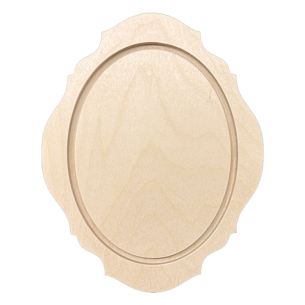Trekell Gothic Portrait Floater Panel in pale wood, with an oval painting surface inside an ornate scalloped frame.