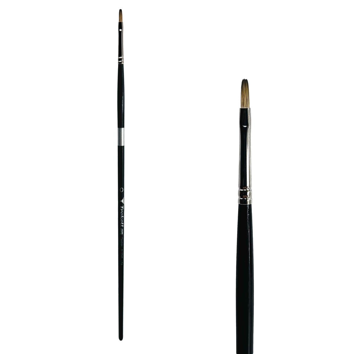 Trekell Legion #0 Filbert Brush - Long Handle, with flattened bristles and a rounded tip.