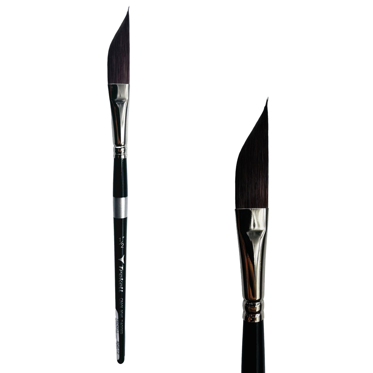 Trekell Onyx 1/2" Dagger Brush - Short Handle, with a slanted, pointed brush tip.