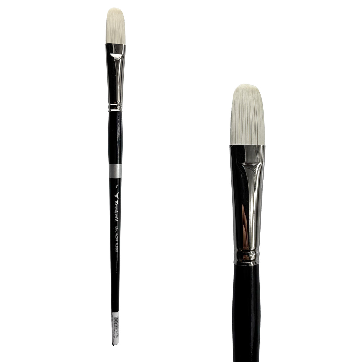 Trekell Opal #10 Filbert Brush - Long Handle, with flattened bristles and a rounded tip.