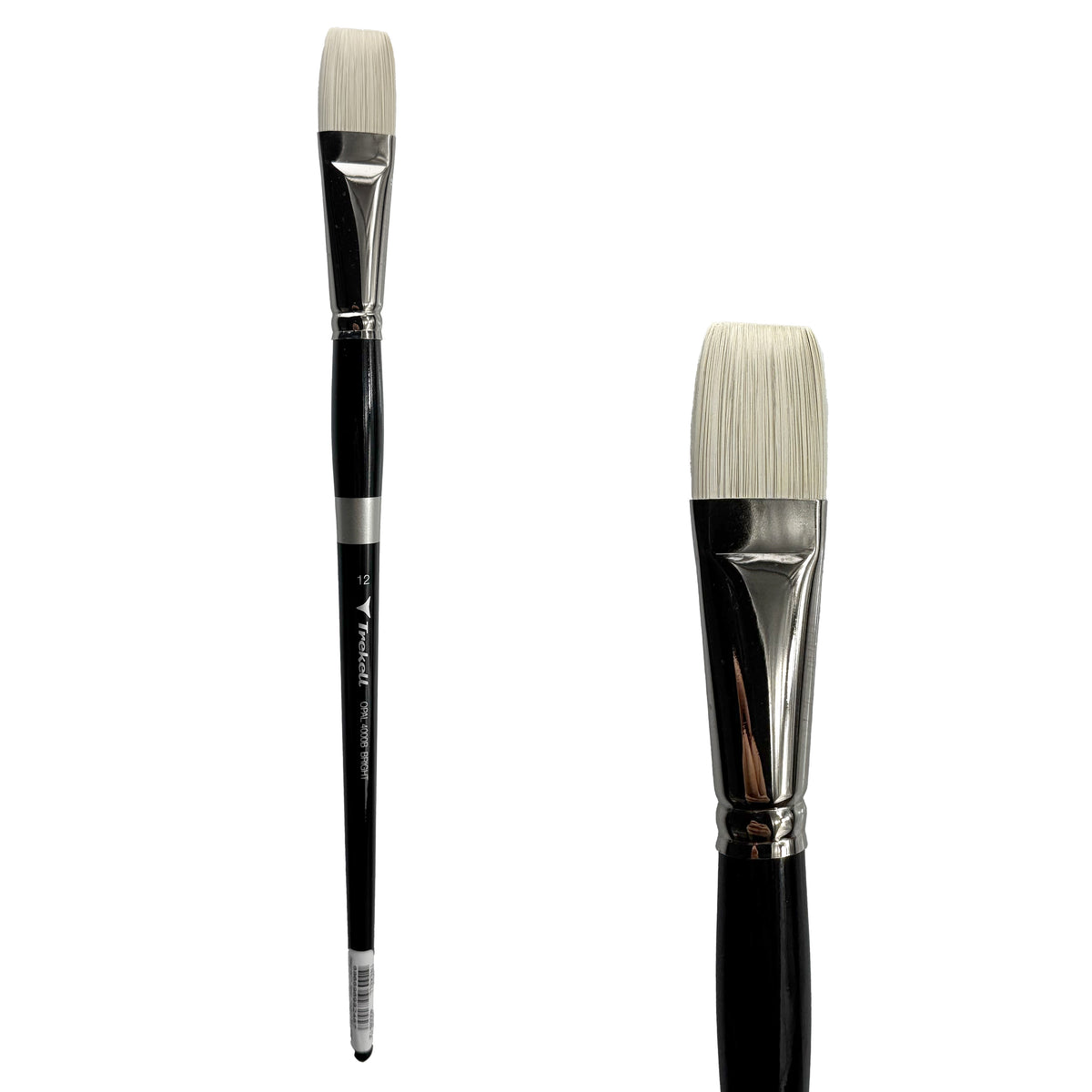 Trekell Opal #12 Bright Brush - Long Handle, with short, straight-edged flat bristles.