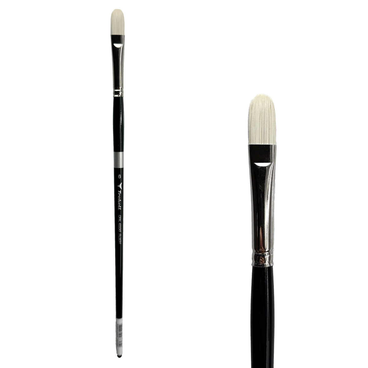 Trekell Opal #6 Filbert Brush - Long Handle, with flattened bristles and a rounded tip.