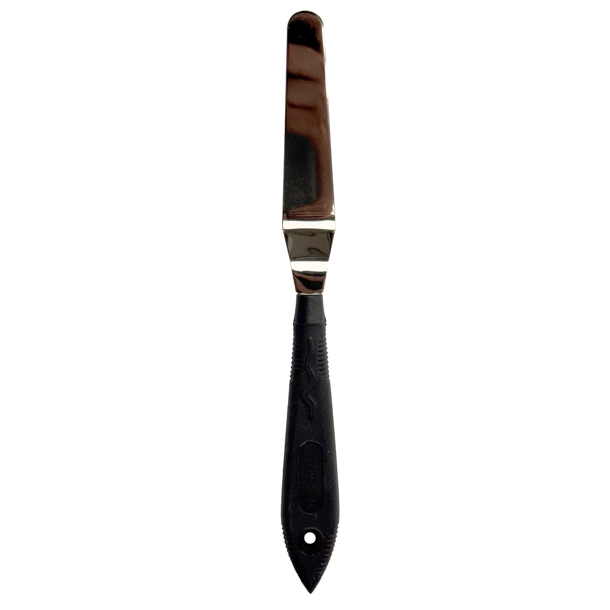 Palette knife with a long narrow metal blade and a black handle.