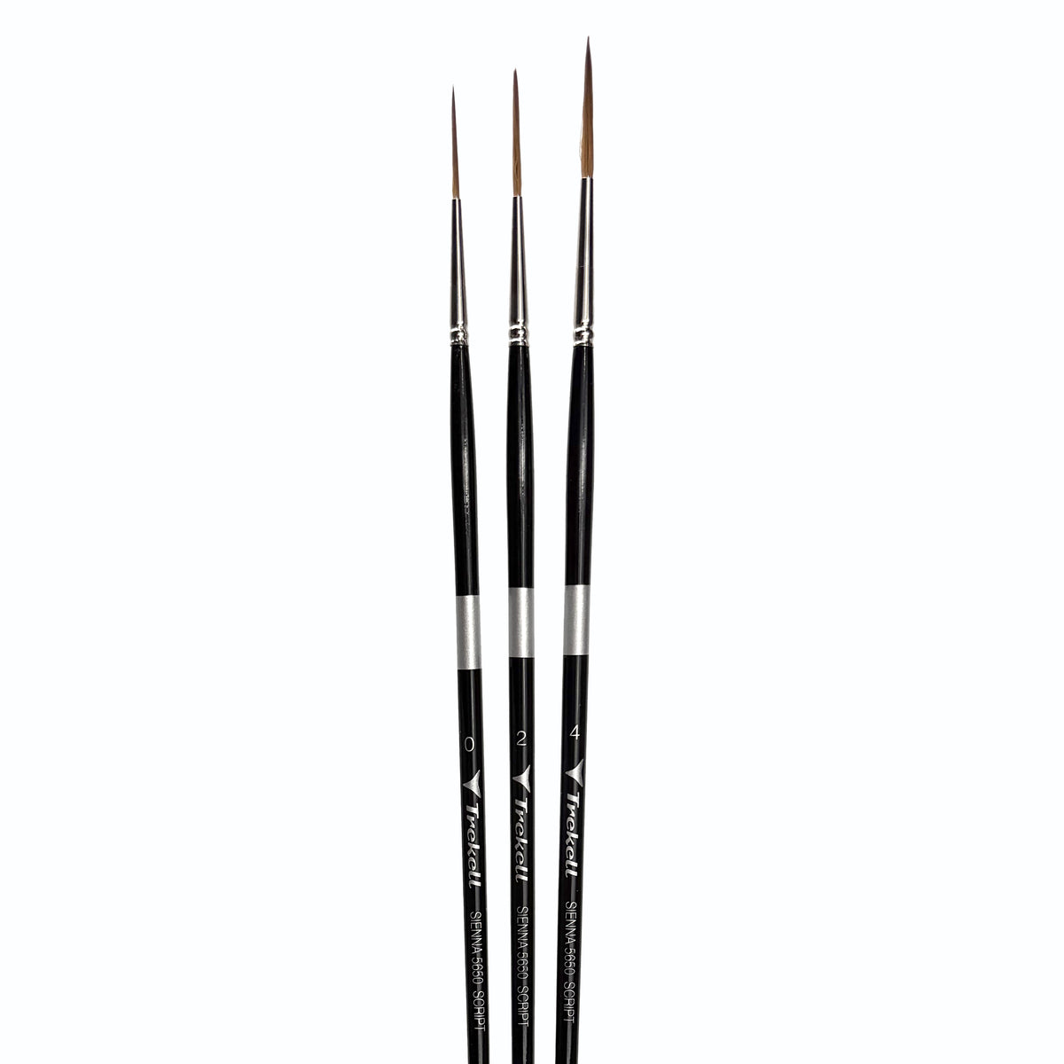 Three very fine pointed brushes standing upright with black handles.