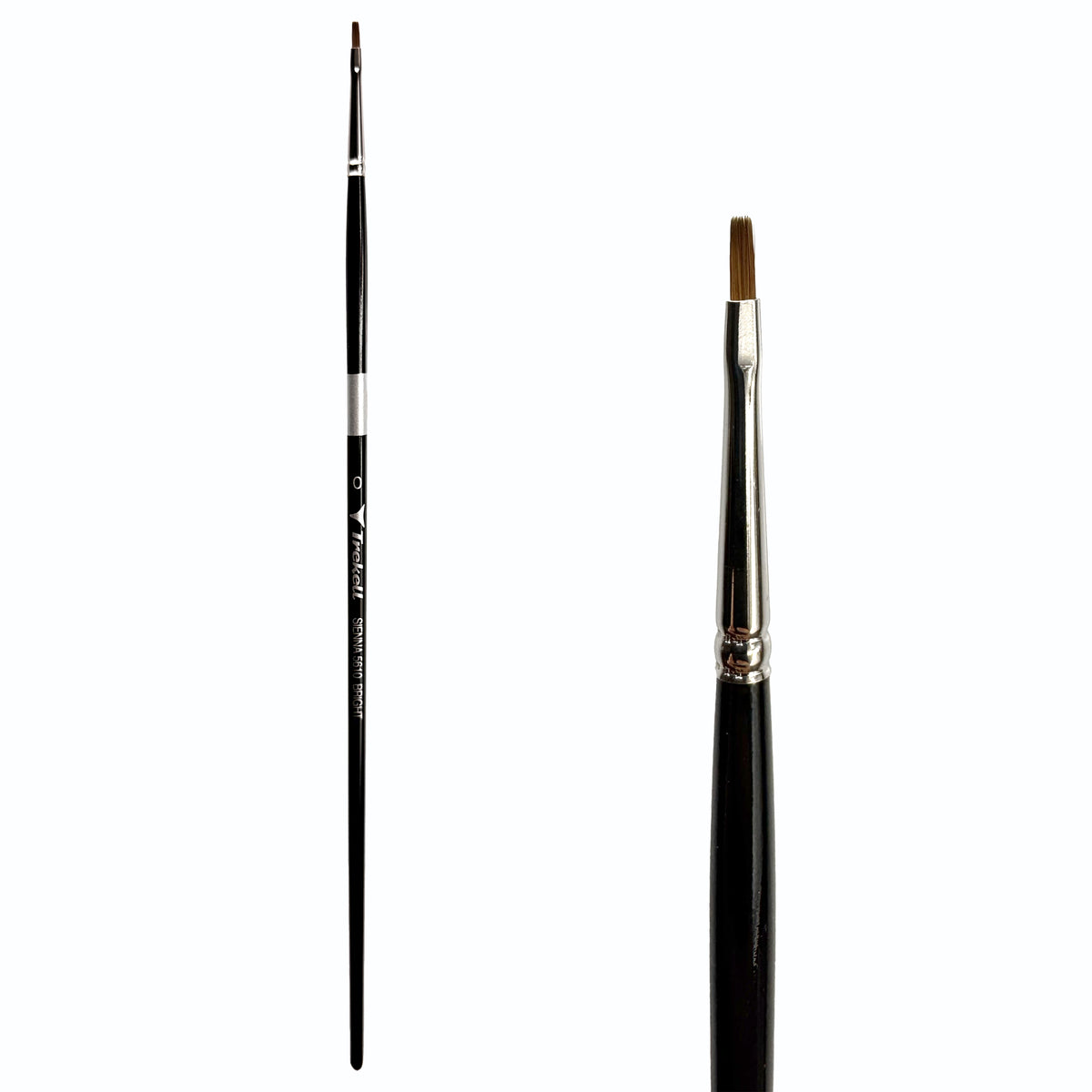 Trekell Sienna #0 Bright Brush with a long black handle, silver ferrule and close-up of its short, flat brown bristles.
