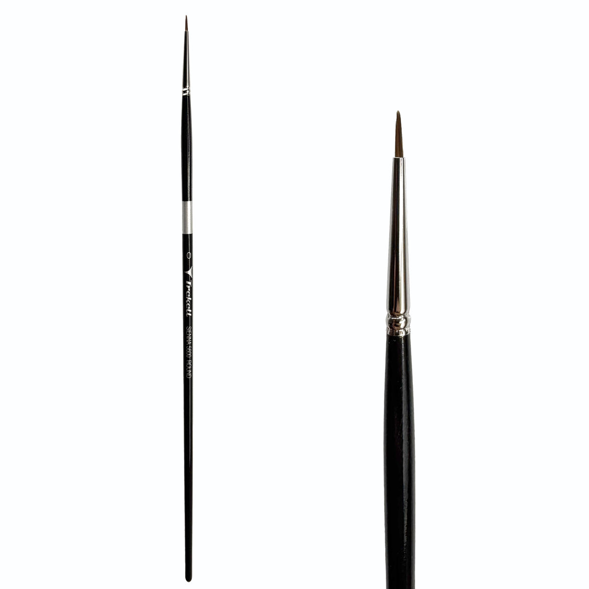 Trekell Sienna #0 Round Brush, full-length black-handled pointed brush beside an enlarged view of its fine brown tip.