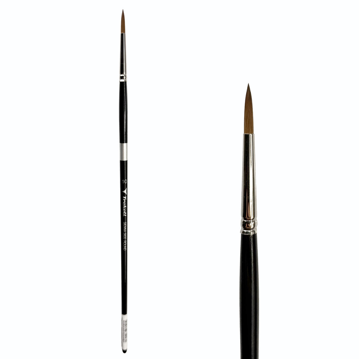 Trekell Sienna #10 Round Brush, full-length black-handled pointed brush beside an enlarged view of its fine brown tip.