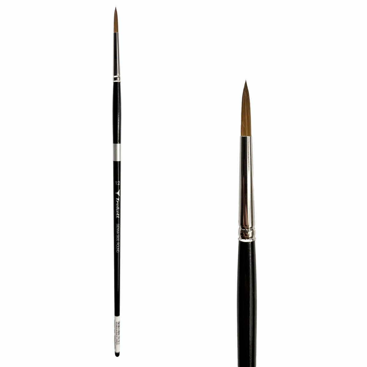 Trekell Sienna #12 Round Brush, full-length black-handled pointed brush beside an enlarged view of its fine brown tip.