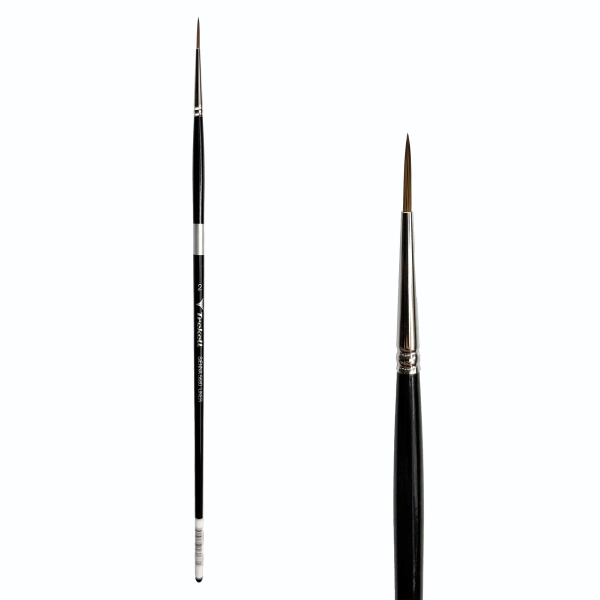 Trekell Sienna #2 Liner Brush, full-length black-handled pointed brush beside an enlarged view of its fine brown tip.