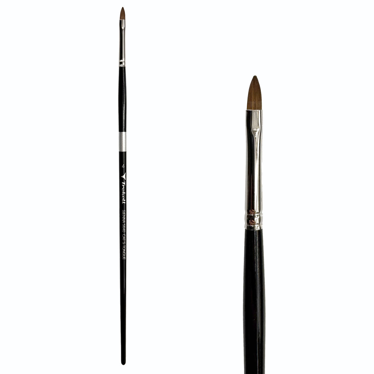 Trekell Sienna #4 Cat's Tongue Brush, full-length black-handled rounded brush beside an enlarged view of its brown oval tip.