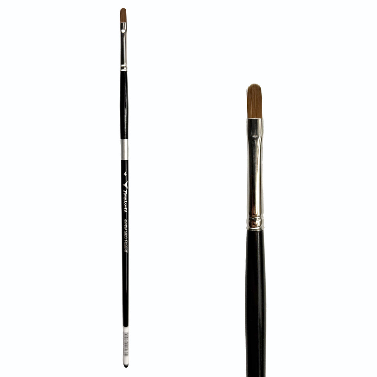 Trekell Sienna #4 Filbert Brush, full-length black-handled rounded brush beside an enlarged view of its brown oval tip.