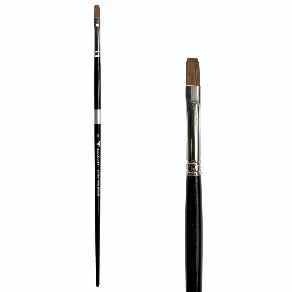 Trekell Sienna #6 Bright Brush, full-length black-handled flat brush beside an enlarged view of its squared brown tip.
