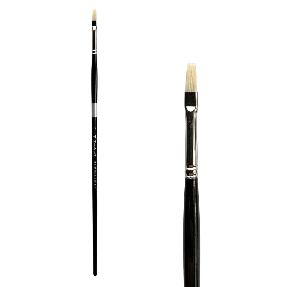 Trekell Hog Bristle Long Handle Artist Brush - Size #0 Flat, with straight-edged, flat bristles.