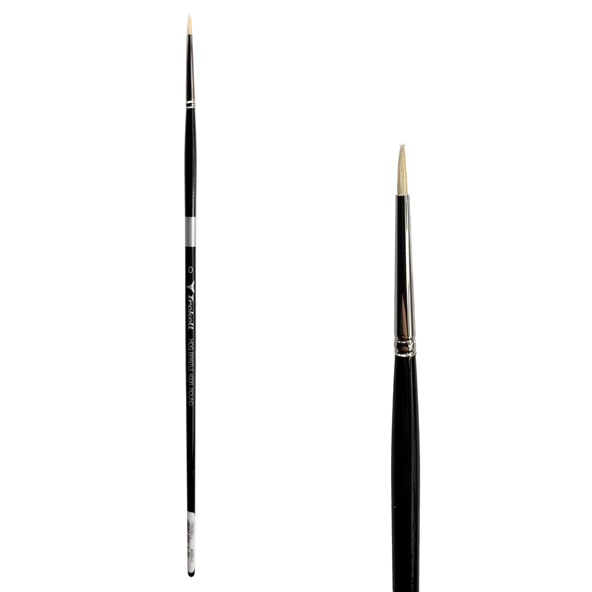 Trekell Hog Bristle #0 Round Brush - Long Handle, with rounded, pointed bristles.