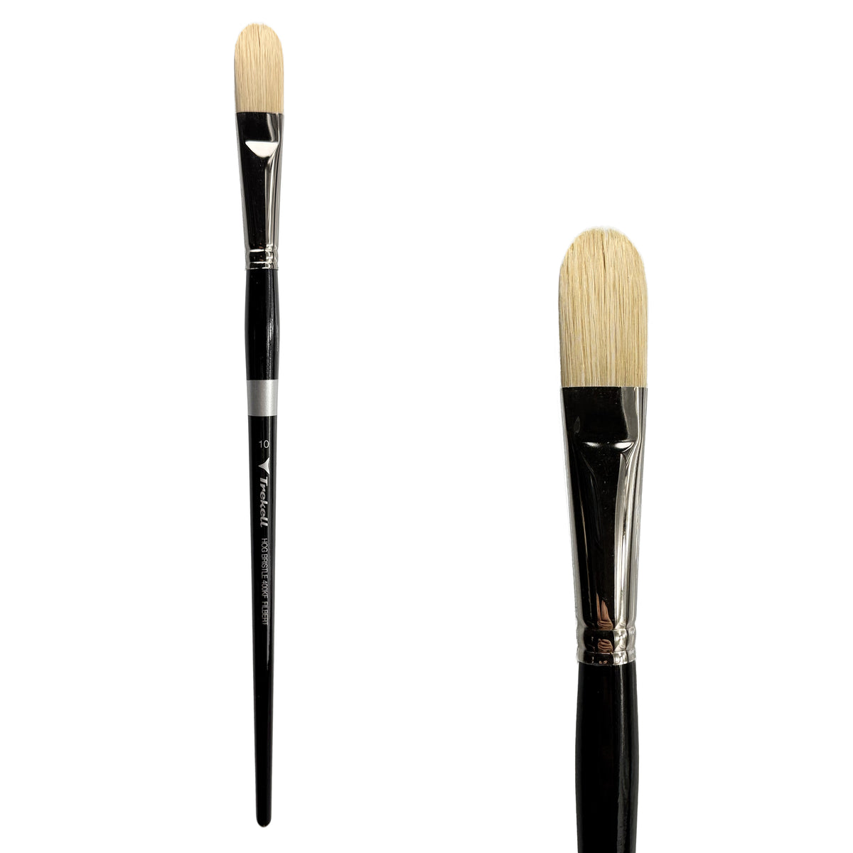 Trekell Hog Bristle Long Handle Artist Brush - Size #10 Filbert, with flattened bristles and a rounded tip.