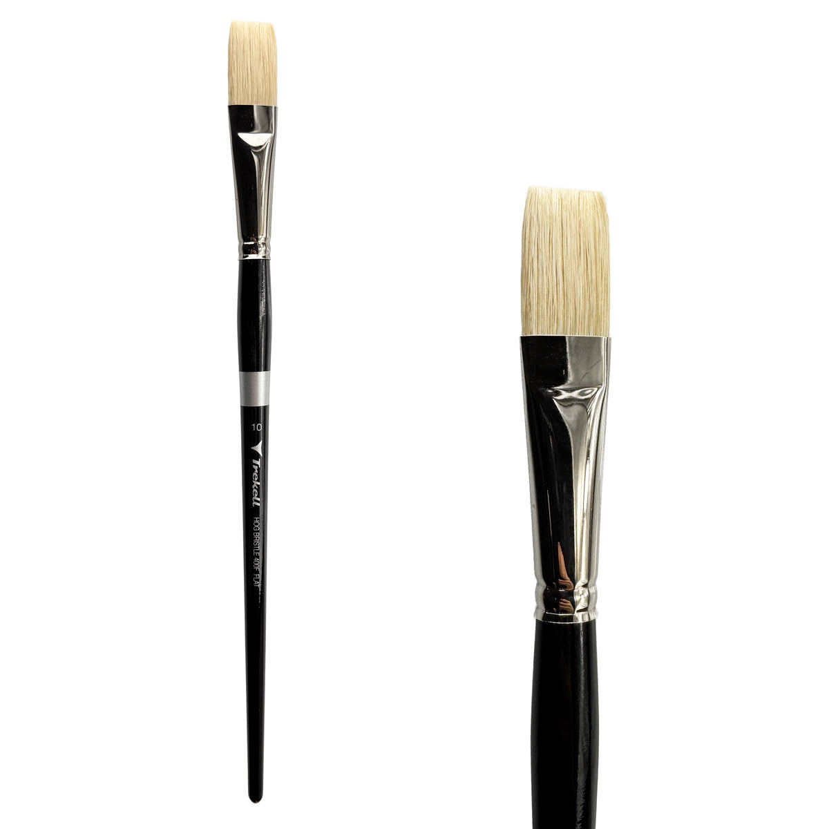 Trekell Hog Bristle Long Handle Artist Brush - Size #10 Flat, with straight-edged, flat bristles.