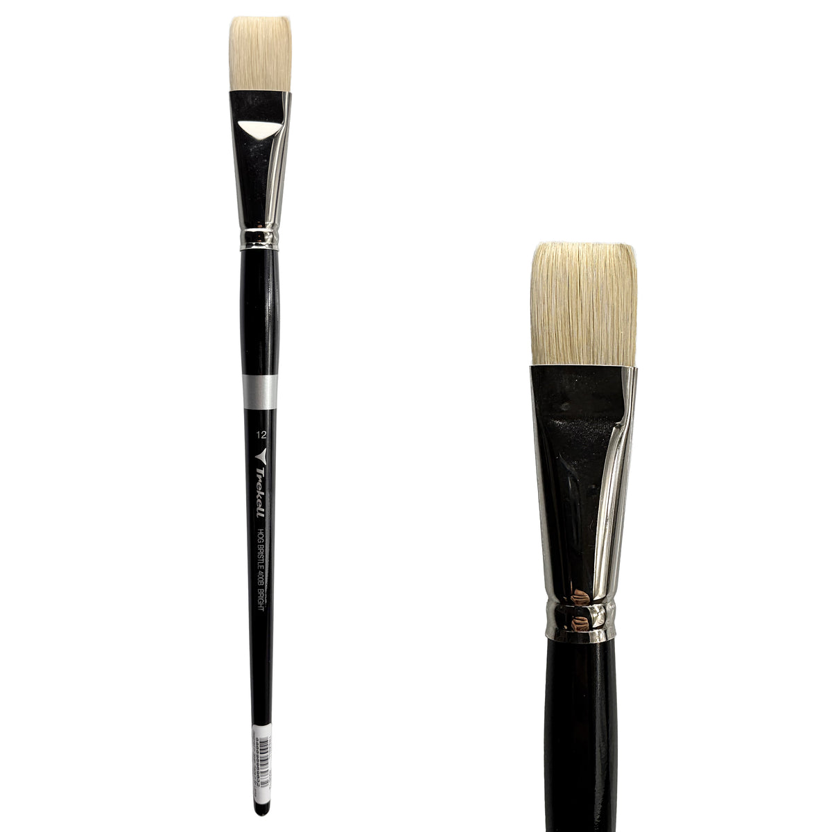 Trekell Hog Bristle Long Handle Artist Brush - Size #12 Bright, with short, straight-edged flat bristles.